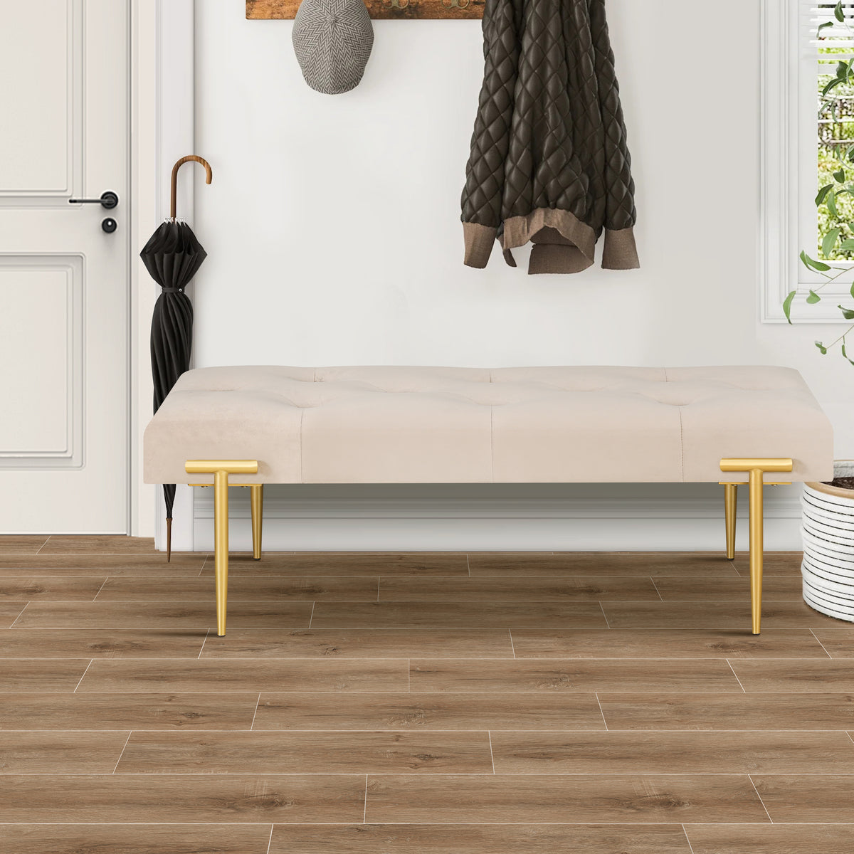 Modern Ottoman Bench with Gold Legs and Cushion