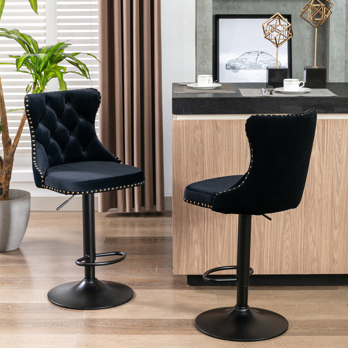Swivel Velvet Bar Stool Set (2 pcs) – Black