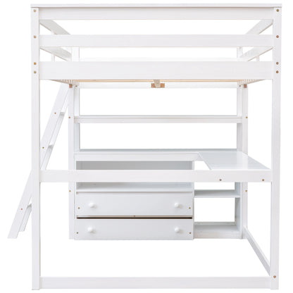Full Loft Bed with Desk and Drawers White