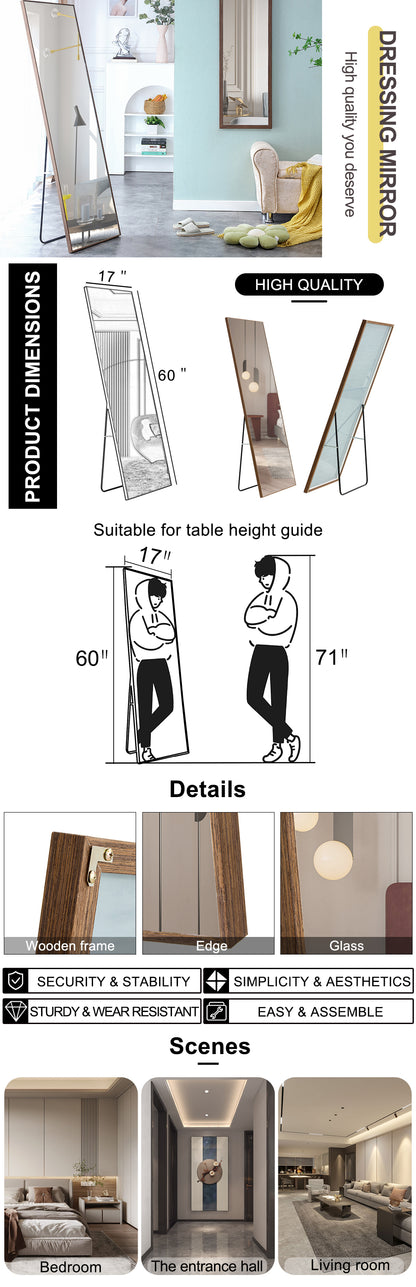 Brown Full-Length Floor Mirror Solid Wood Frame