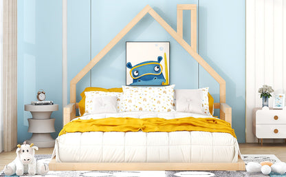 Full Wood Platform Bed with Fence Natural