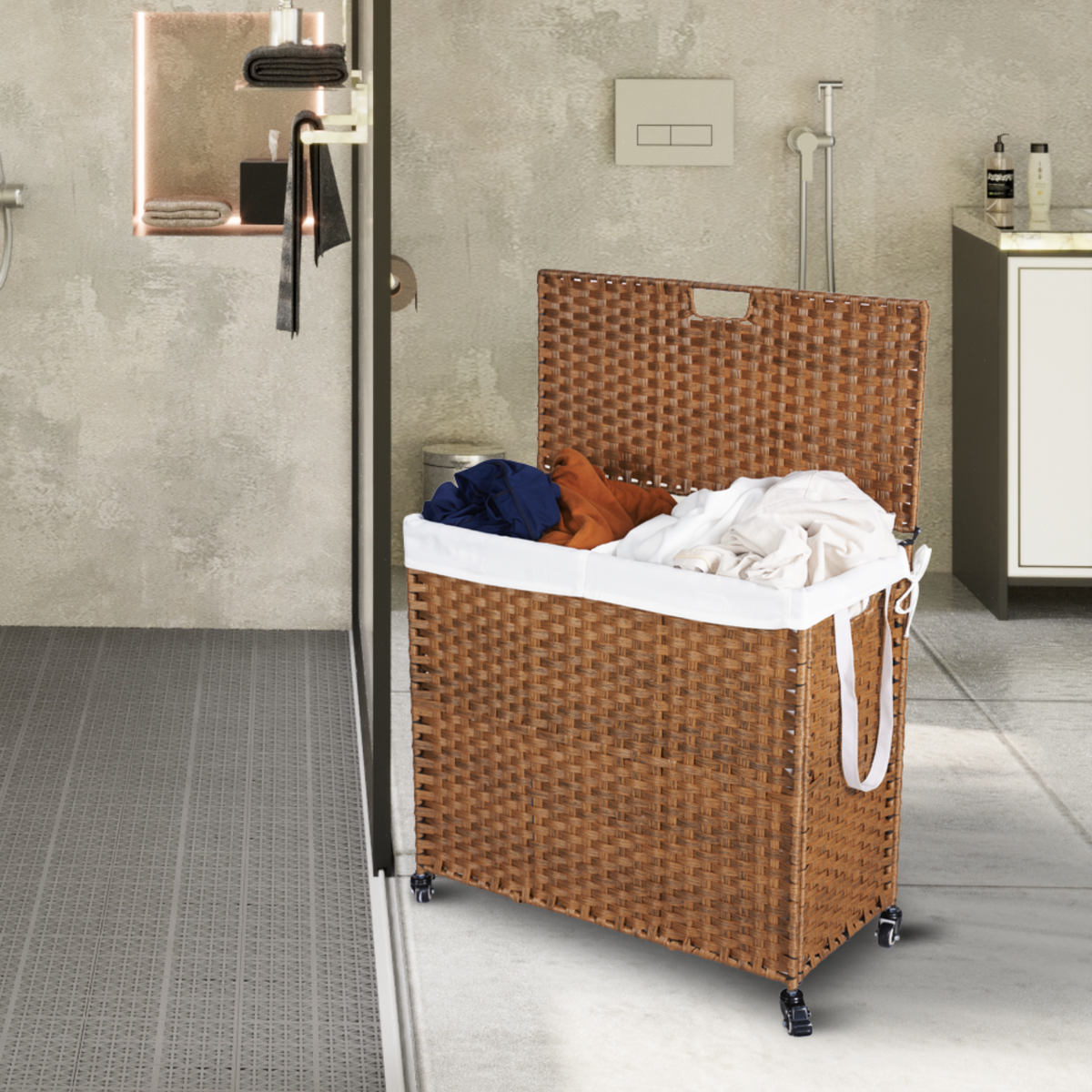 Brown Laundry Hamper with Lid and Wheels