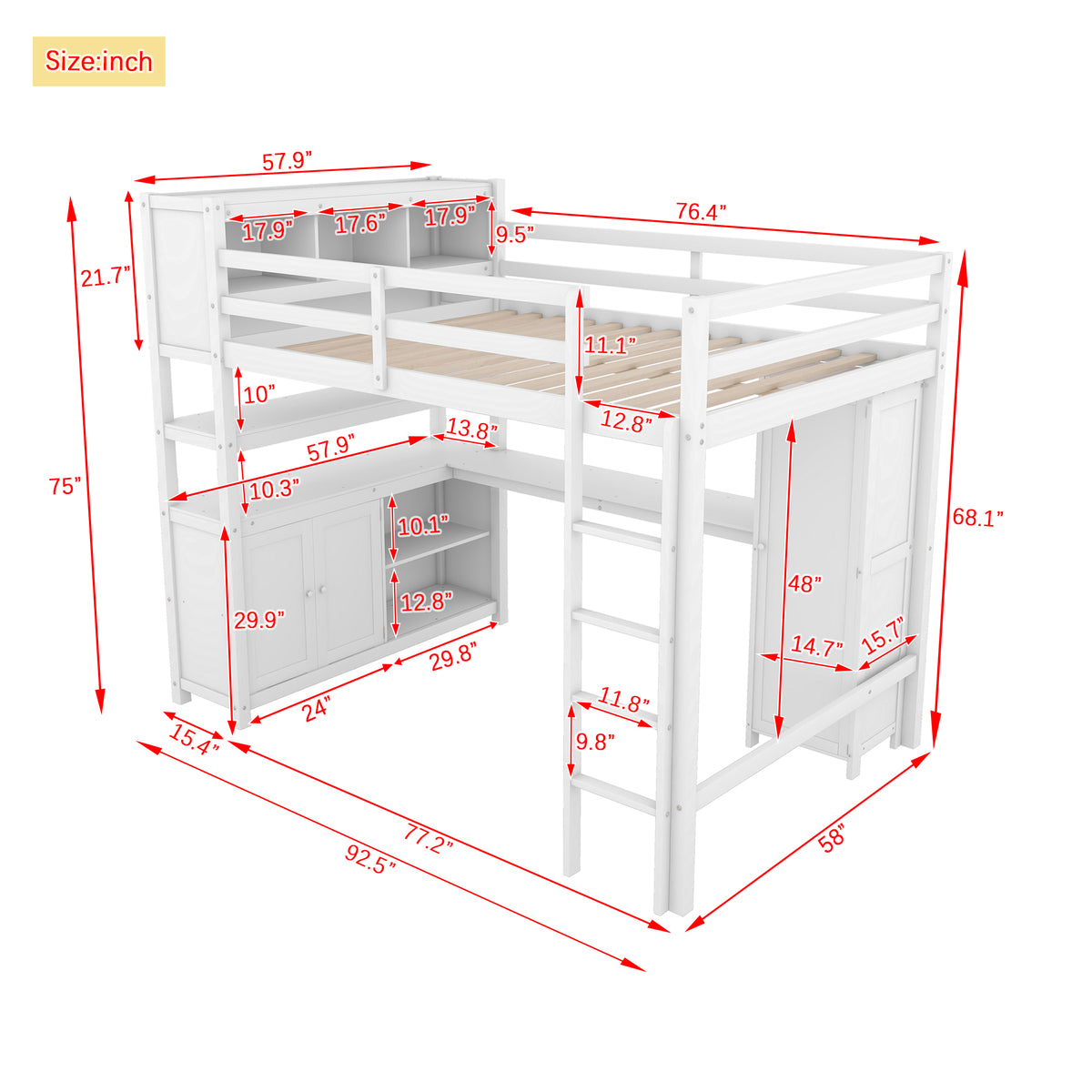 Wood Loft Bed with Bookshelf White