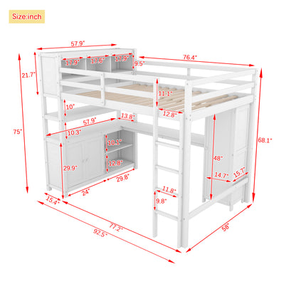 Wood Loft Bed with Bookshelf White