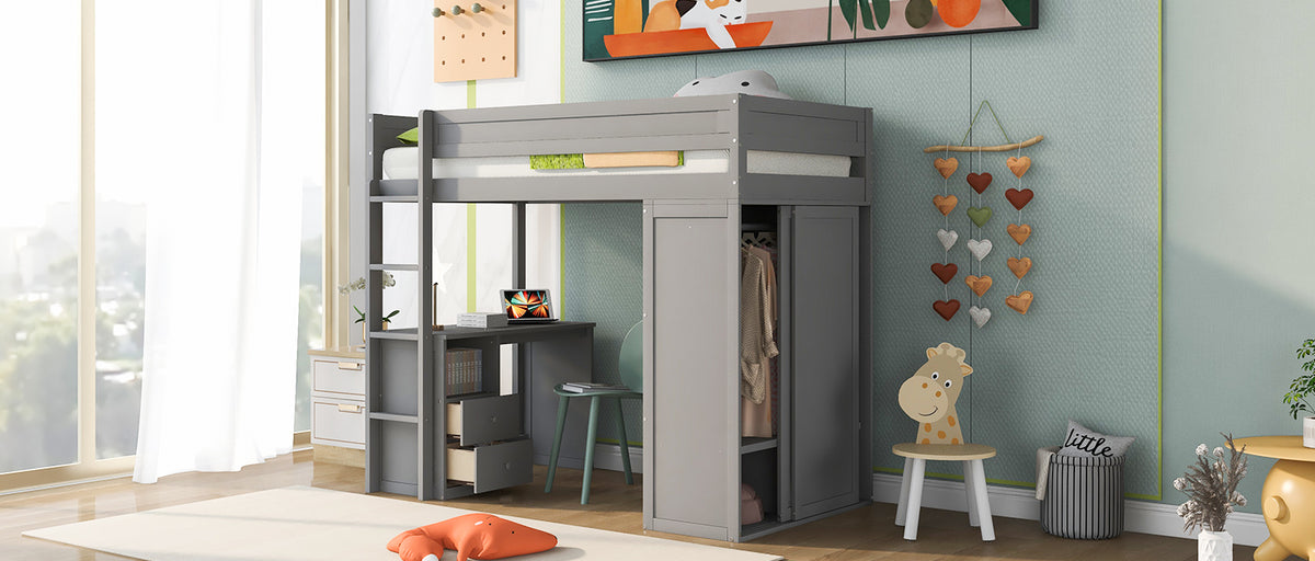Twin Loft Bed with Wardrobe Gray