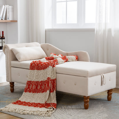 Beige Chaise Lounge with Storage and Pillow