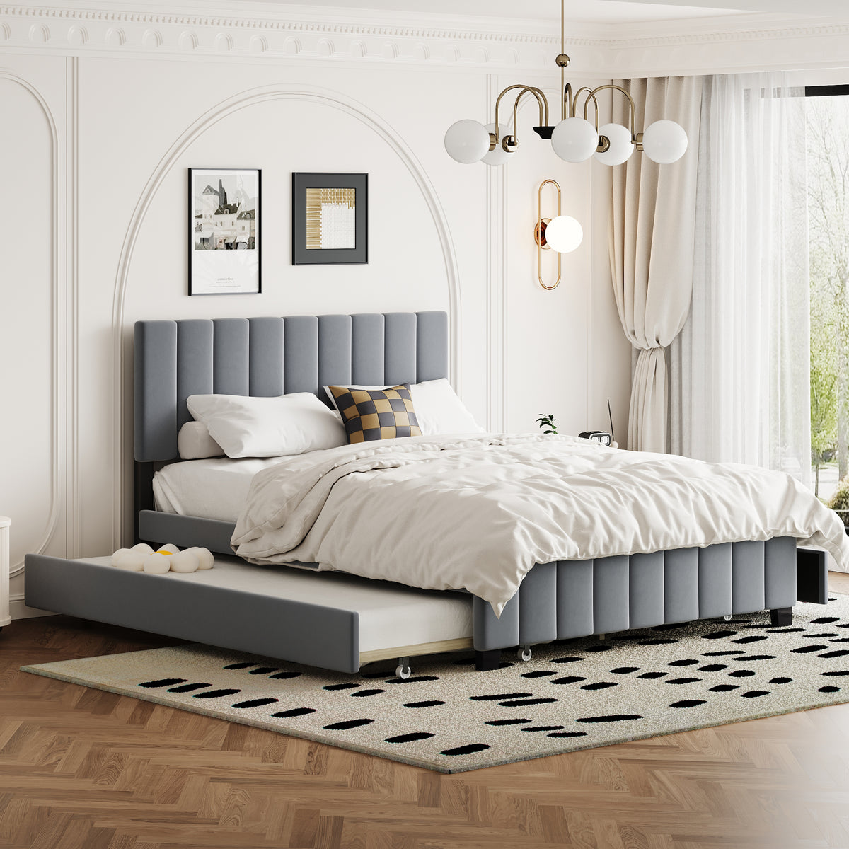 Velvet Upholstered Queen Platform Bed with Trundle Gray