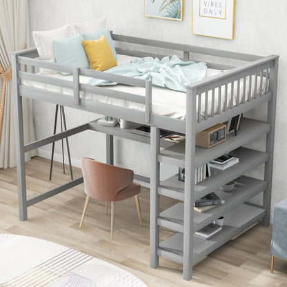 Full-Size Loft Bed with Desk and Drawers Gray