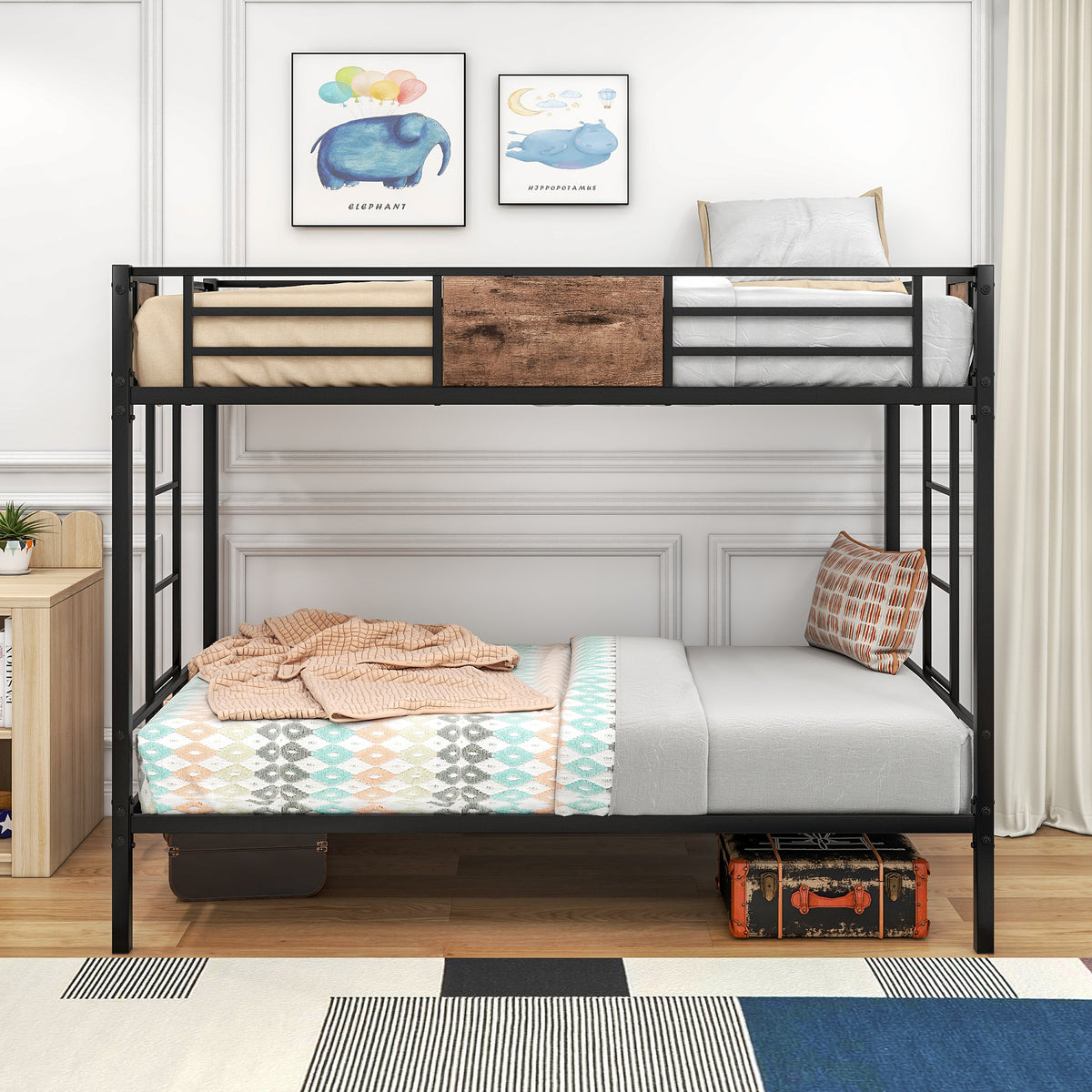 Metal Twin Bunk Bed with Ladder Black
