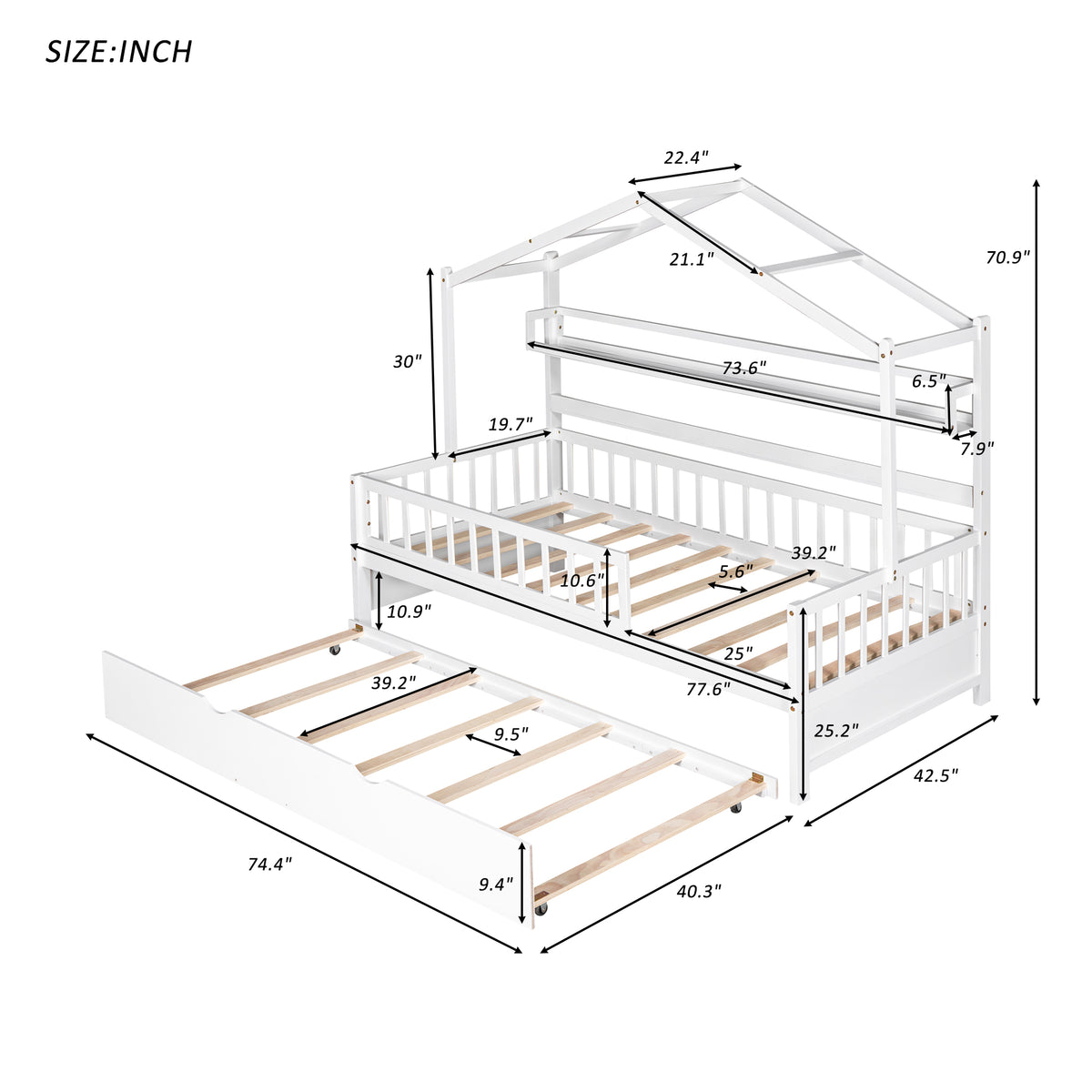 Twin House Bed with Trundle White
