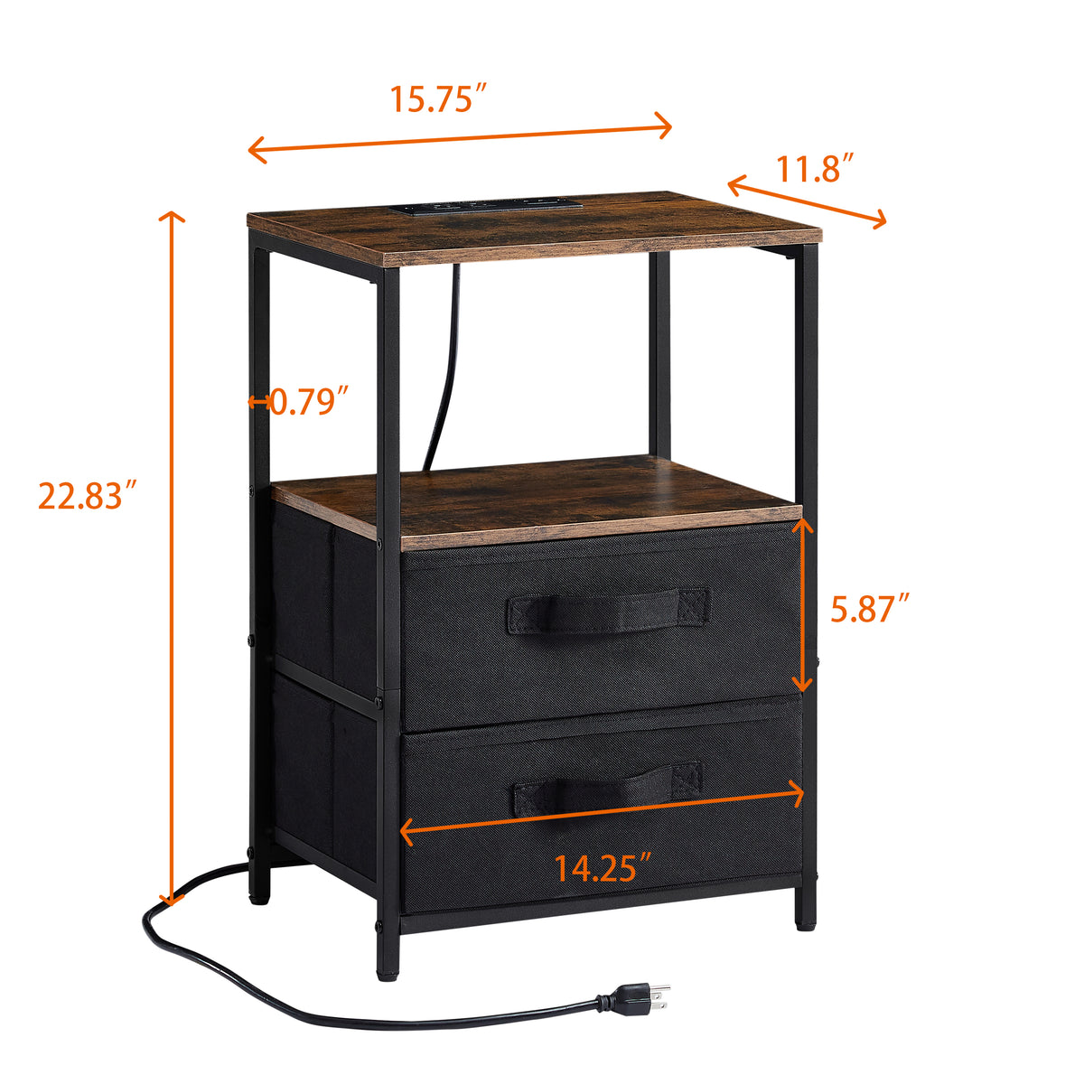 Bedside Table with USB Charging and Storage Drawers