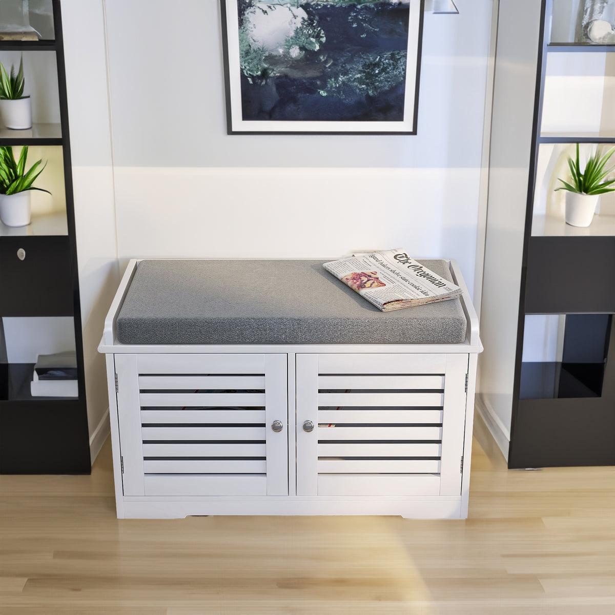 Entryway Storage Bench with Cushion – White