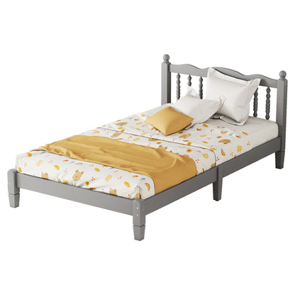 Twin Platform Bed with Slatted Headboard Gray