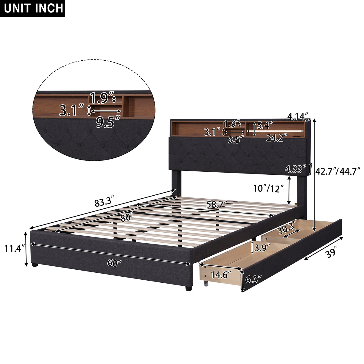 Queen LED Upholstered Storage Bed – Dark Gray