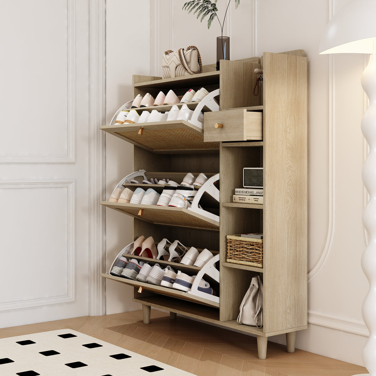 Bohemian Shoe Cabinet with Rattan Flip Drawers Natural
