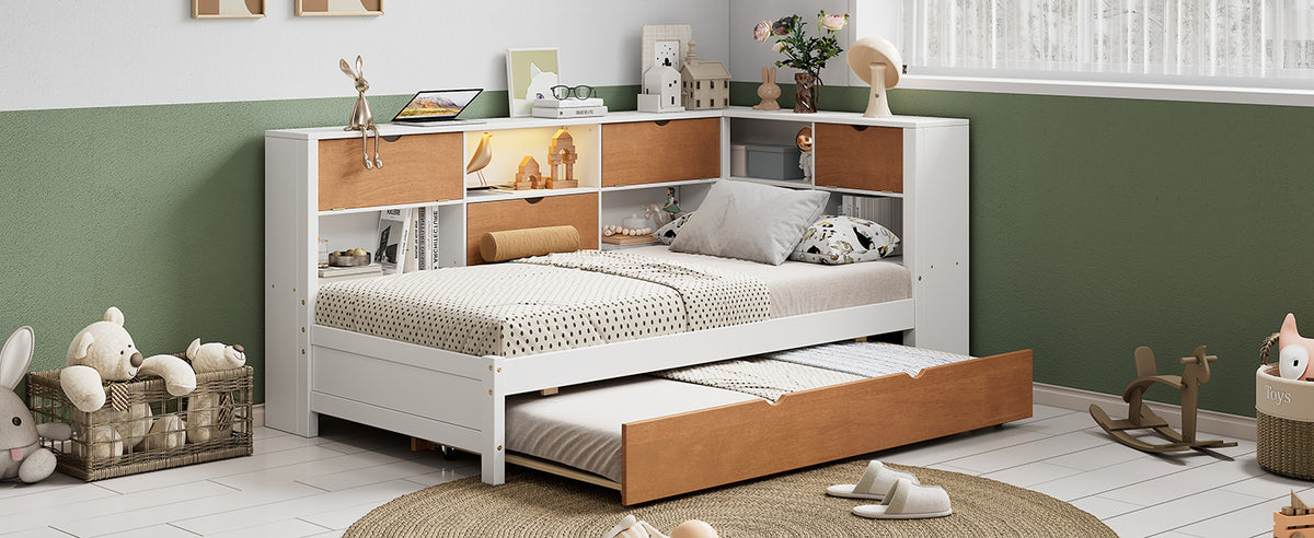 L-Shaped Captain’s Bed with LED Lights Walnut