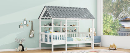 House Bed with Roof and Guardrails White