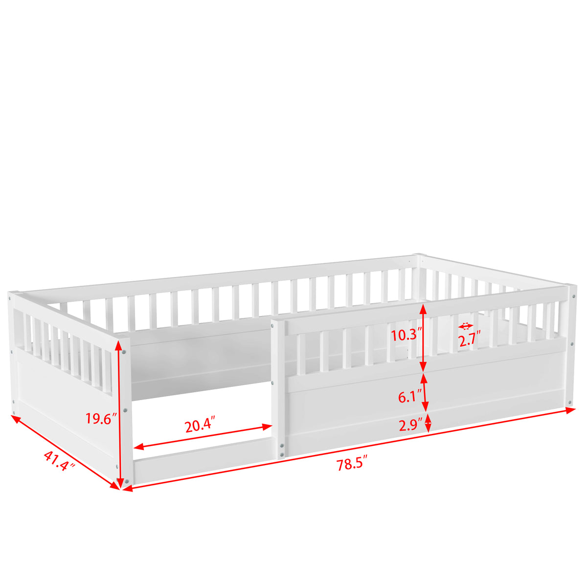 Wood Floor Twin Bed with Fence White