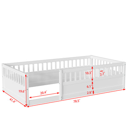 Wood Floor Twin Bed with Fence White