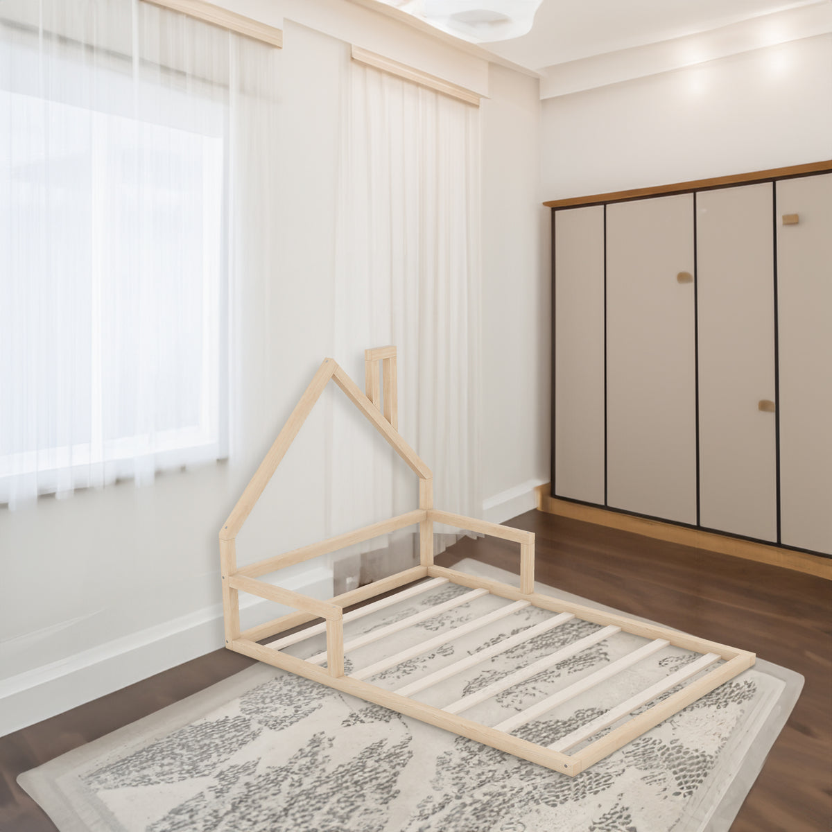 Full Wood Platform Bed with Fence Natural