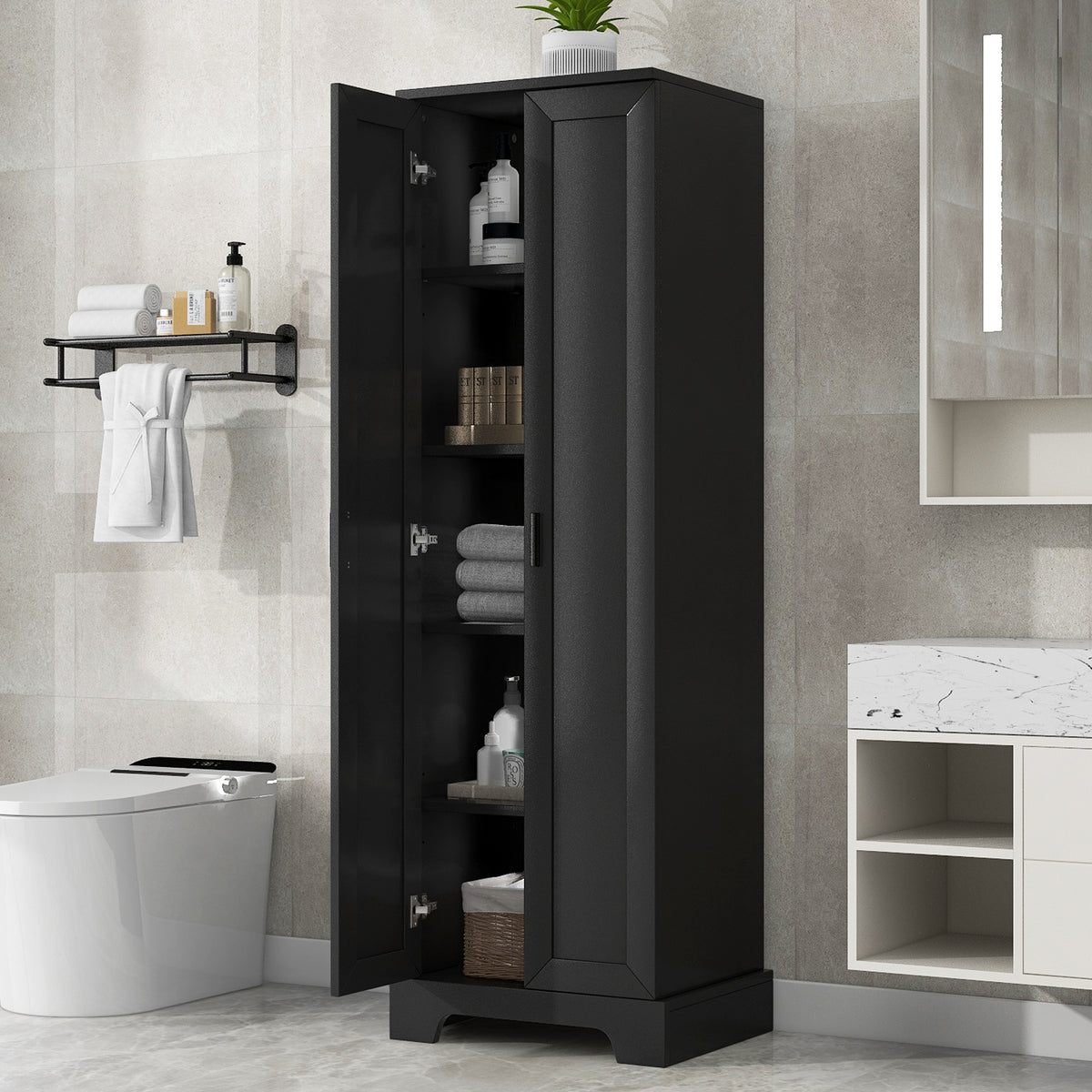 Black Storage Cabinet with Adjustable Shelf MDF Board