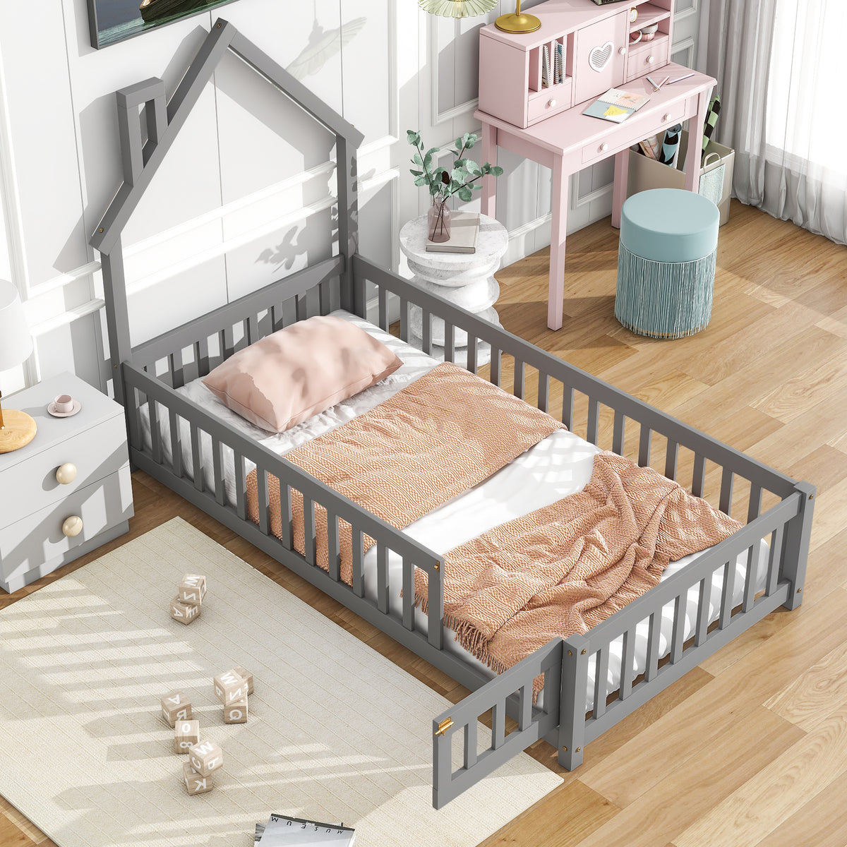 Twin House Bed with Fence Gray