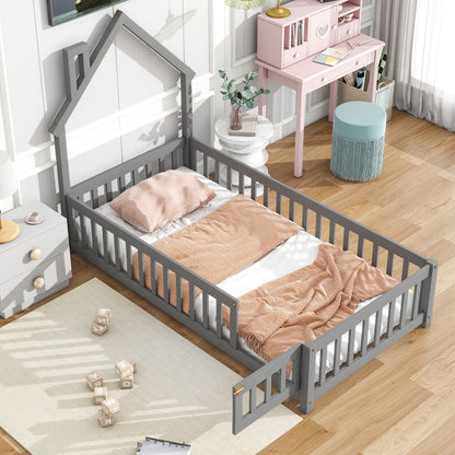 Twin House Bed with Fence Gray