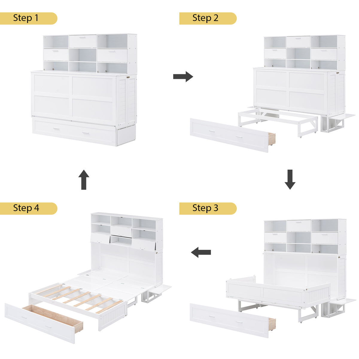 Queen Murphy Bed with Bookcase Storage – White