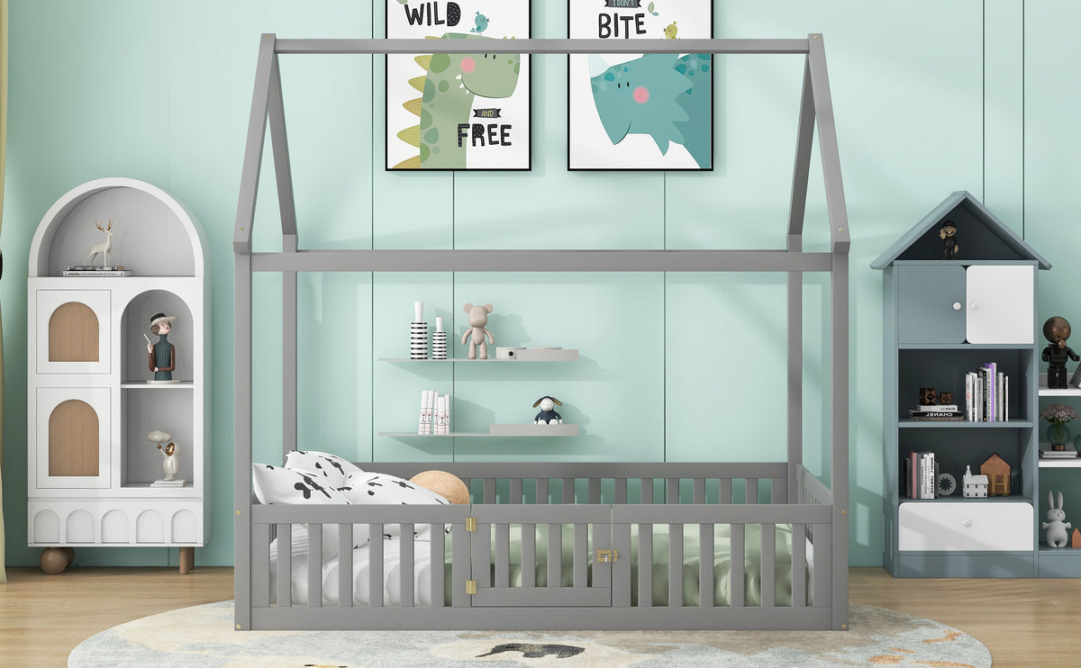 Full Wood Bed with Fence and Door Gray