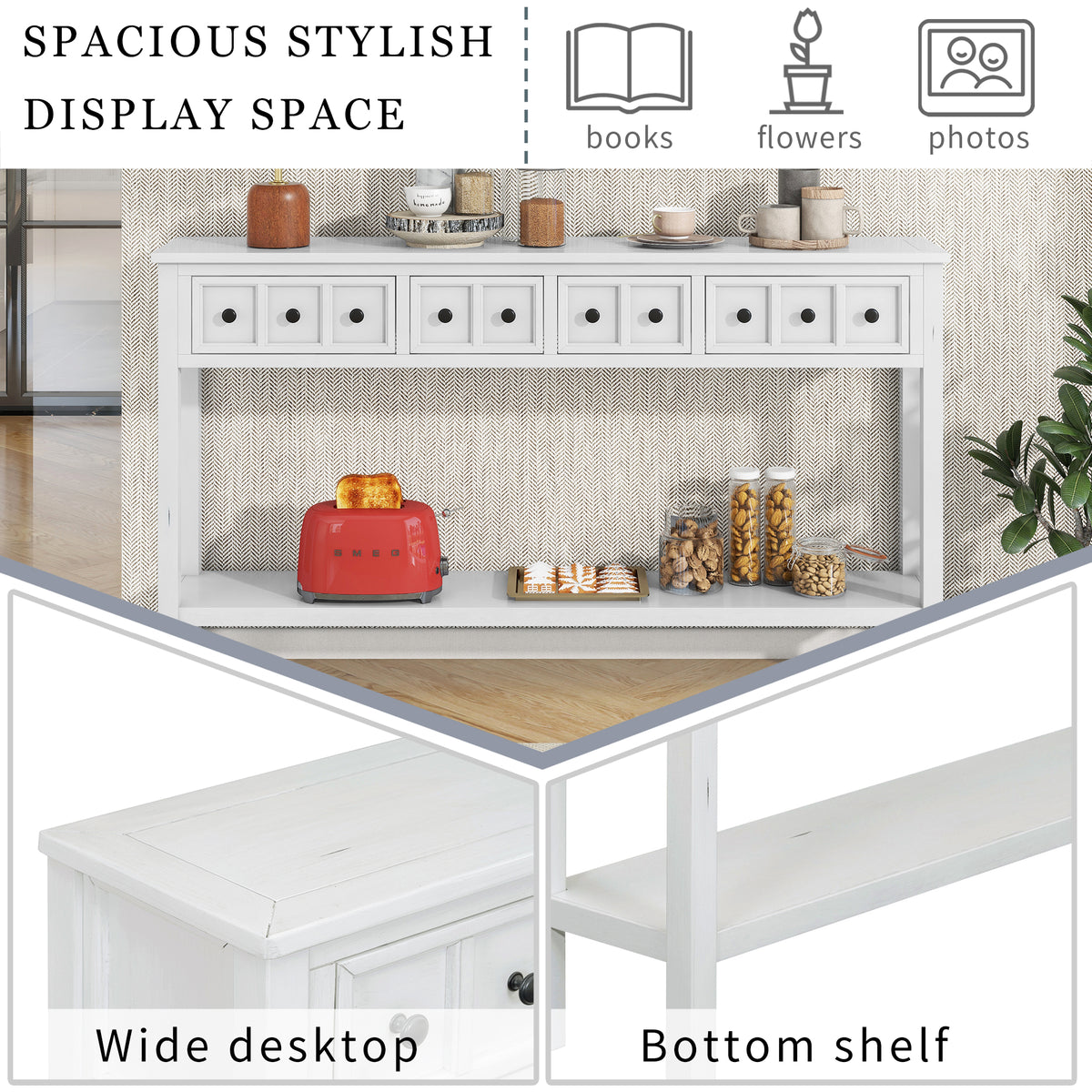 Rustic Entryway Console Table with Drawers Antique White