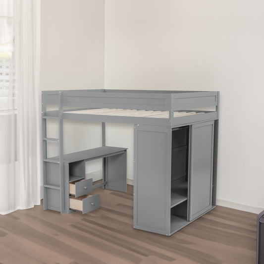 Full Loft Bed with Wardrobe Gray
