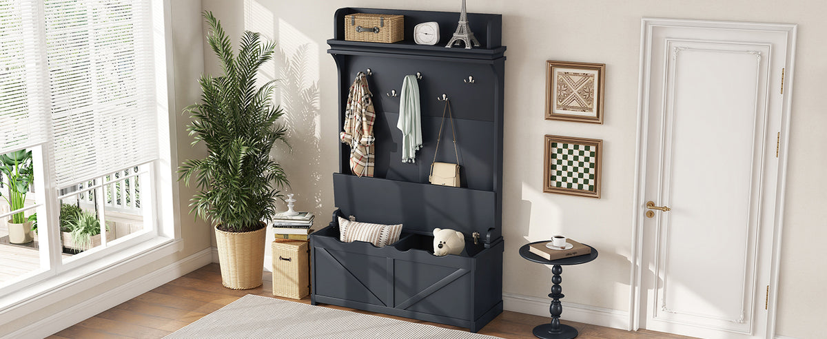 Dark Blue Hall Tree with Desk, Hooks, and Shelves