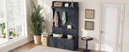 Dark Blue Hall Tree with Desk, Hooks, and Shelves