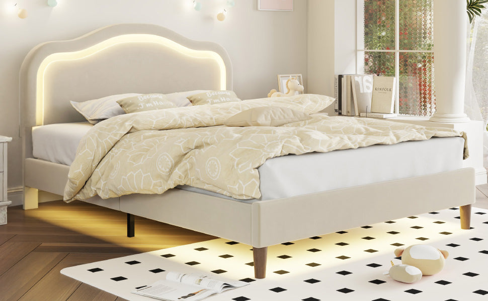 Beige Velvet LED Bed Frame