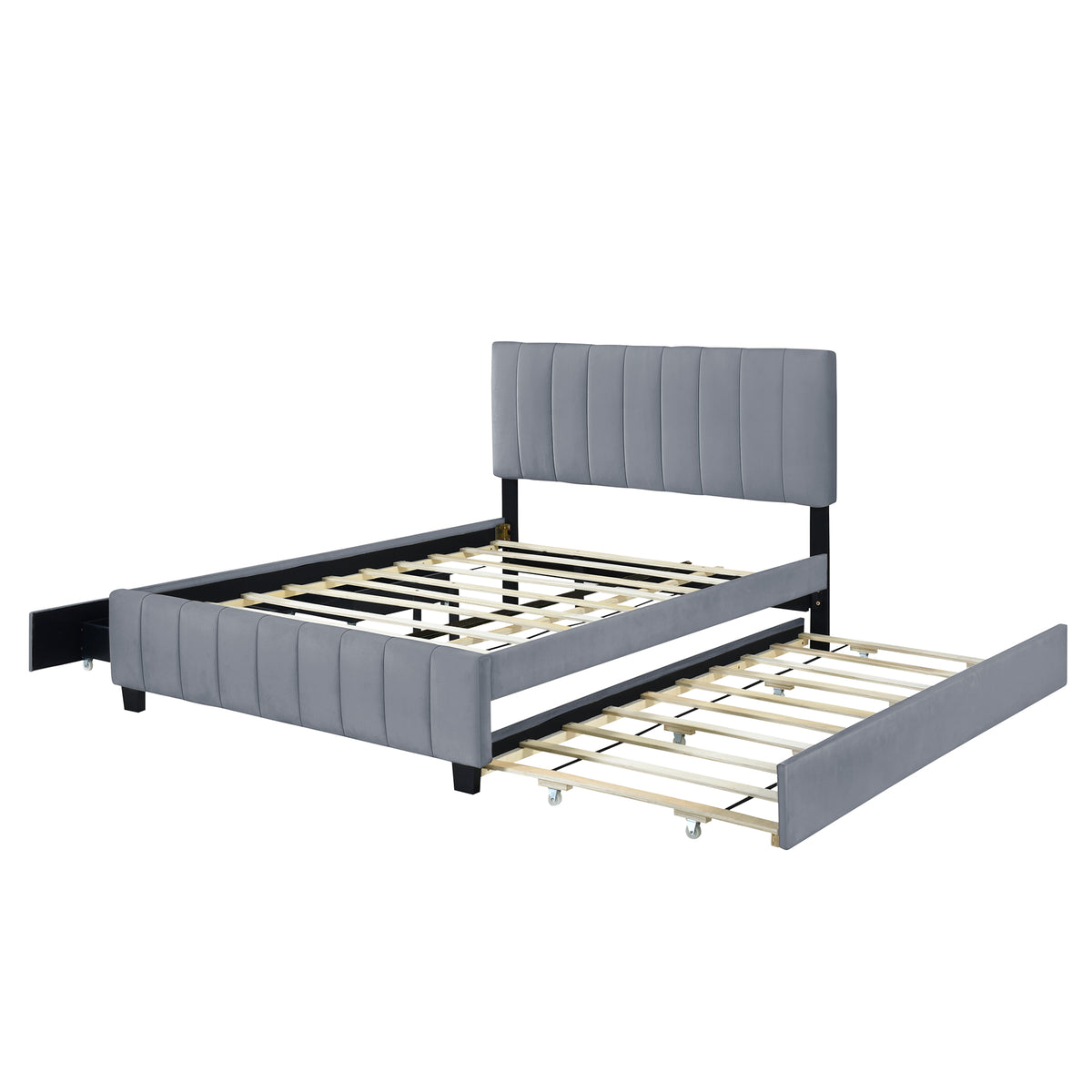 Velvet Upholstered Queen Platform Bed with Trundle Gray