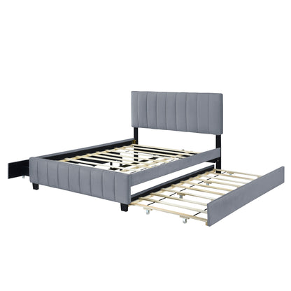 Velvet Upholstered Queen Platform Bed with Trundle Gray