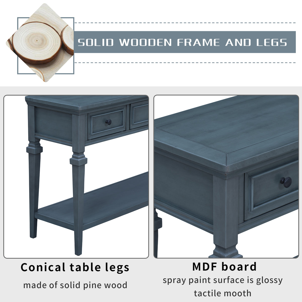 Navy Wood Console Table with Drawers