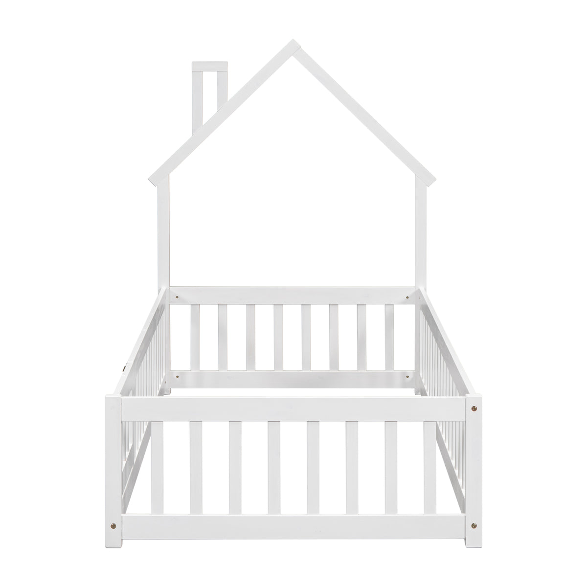 Twin Floor Bed with Fence – White Finish