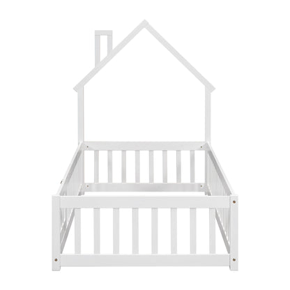 Twin Floor Bed with Fence – White Finish