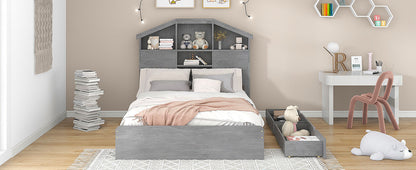 Full Platform Bed with Storage Headboard Gray