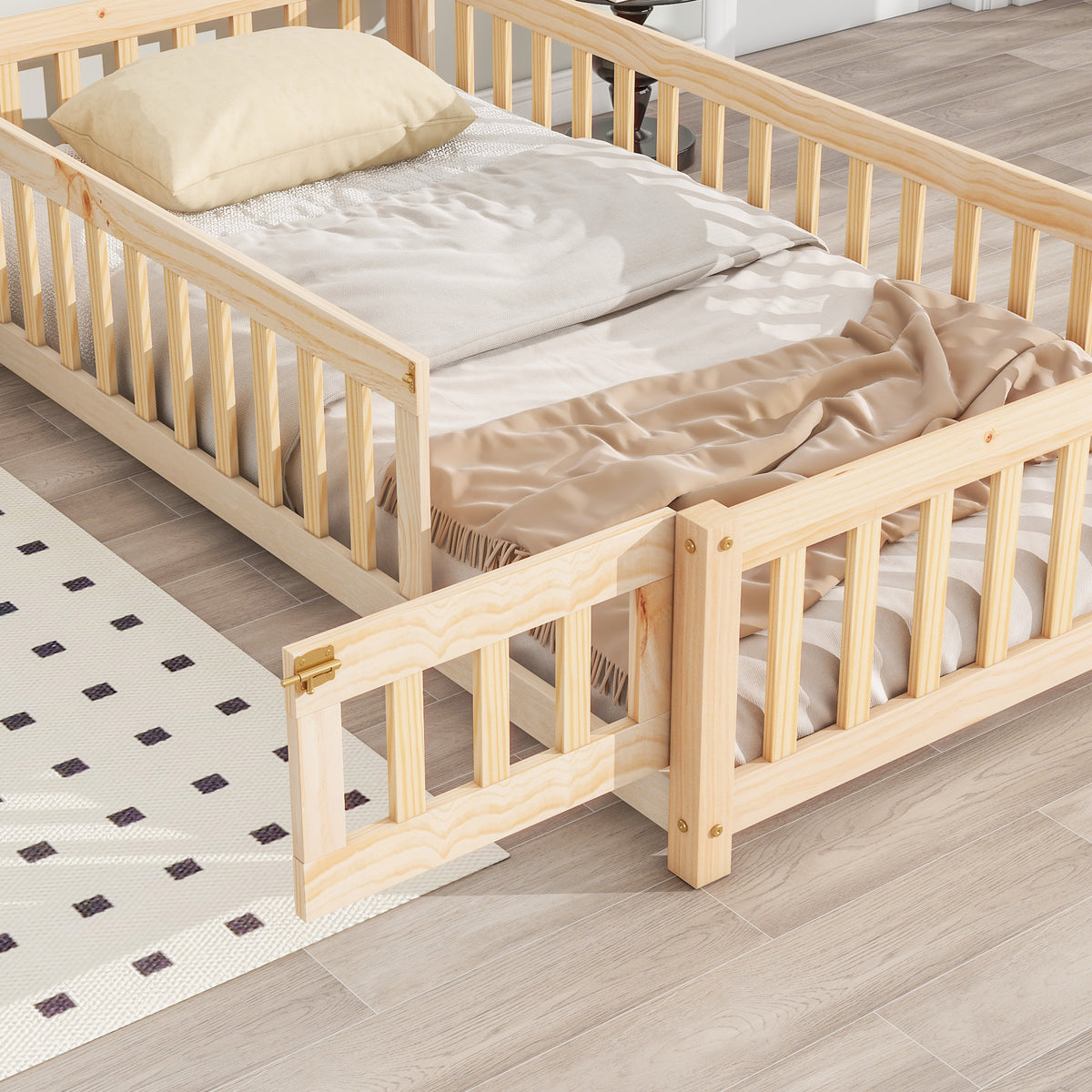 Metal House Floor Bed with Fence – Natural