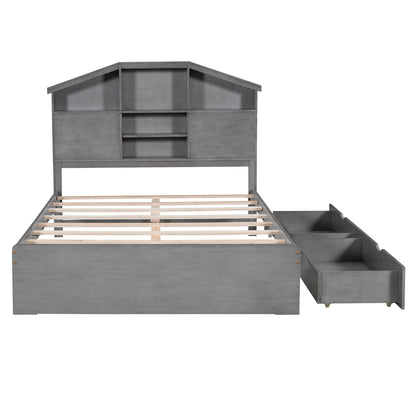 Full Platform Bed with Storage Headboard Gray
