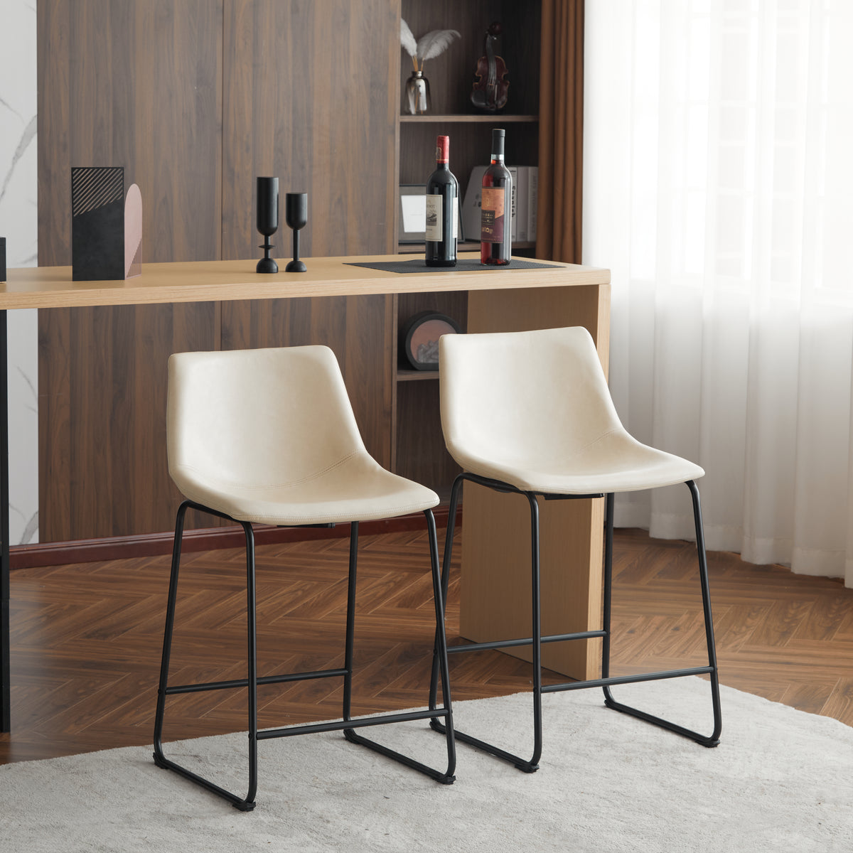 Retro Leather Bar Stool Set (2 pcs) – Cream & Black