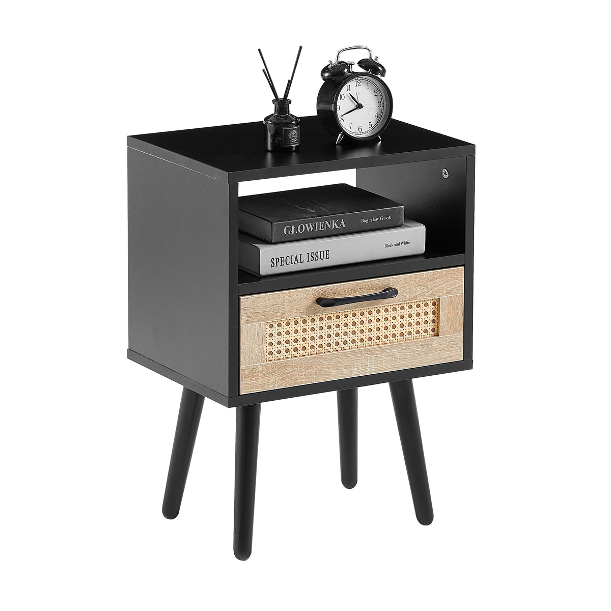 Rattan End Table with Drawer Black