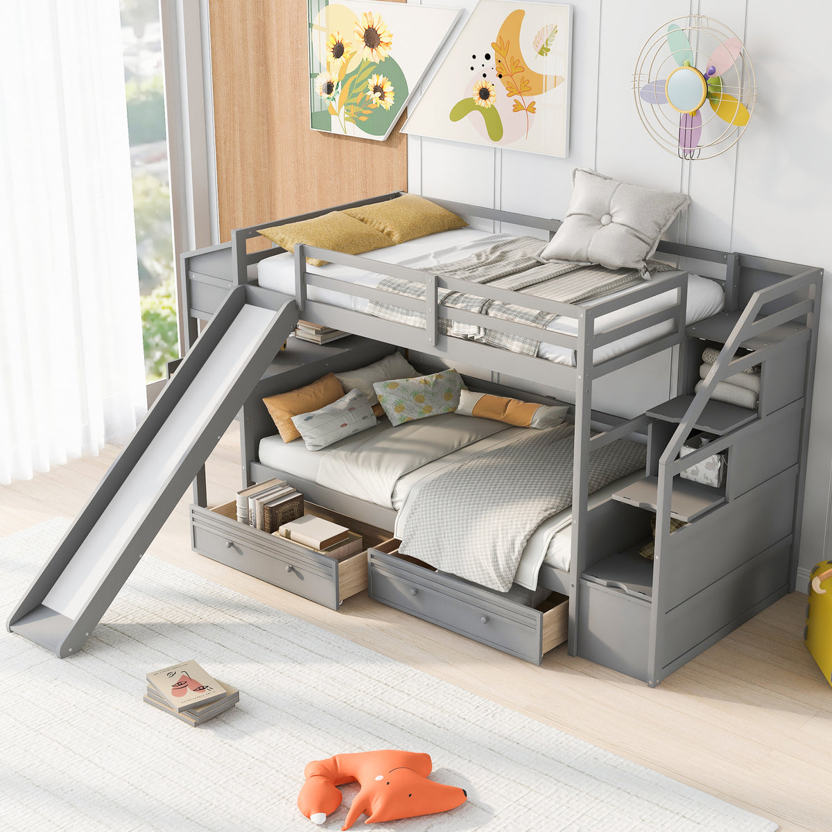 Twin Bunk Bed with Storage Gray
