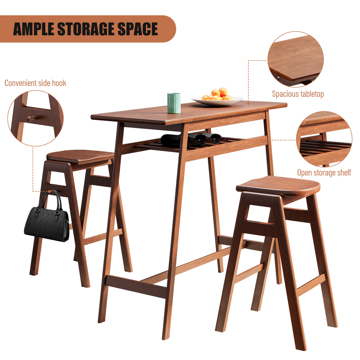 Retro Pub Dining Set (3 pcs) – Antique Brown