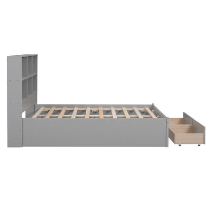 Full Platform Bed with Headboard and Drawers Gray