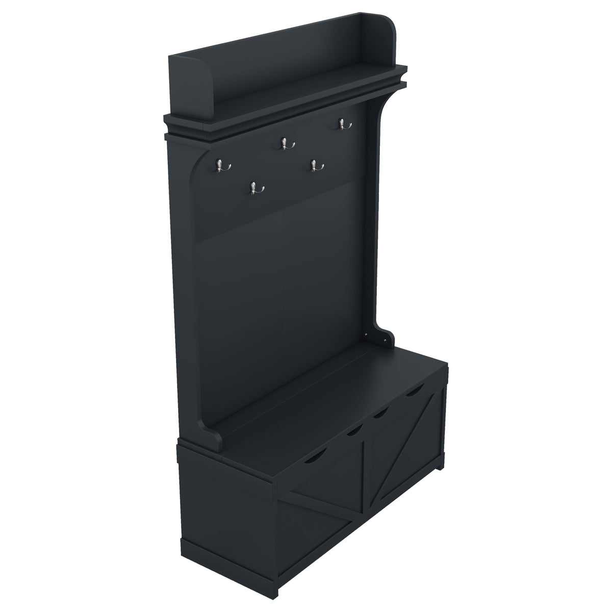Dark Blue Hall Tree with Desk, Hooks, and Shelves
