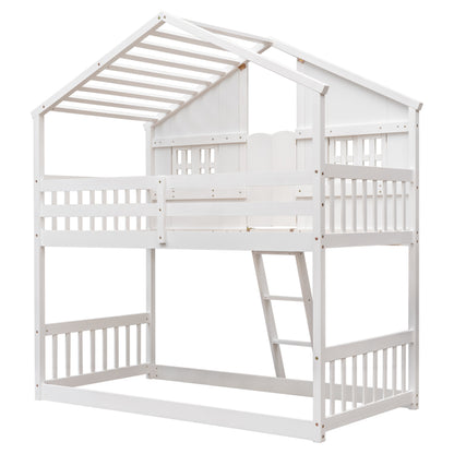 Twin House Bunk Bed with Ladder White