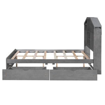 Full Platform Bed with Storage Headboard Gray